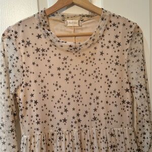 EUC- Altar’d State Pink Sheer Tiered Long Sleeve Mesh Dress with Black Stars